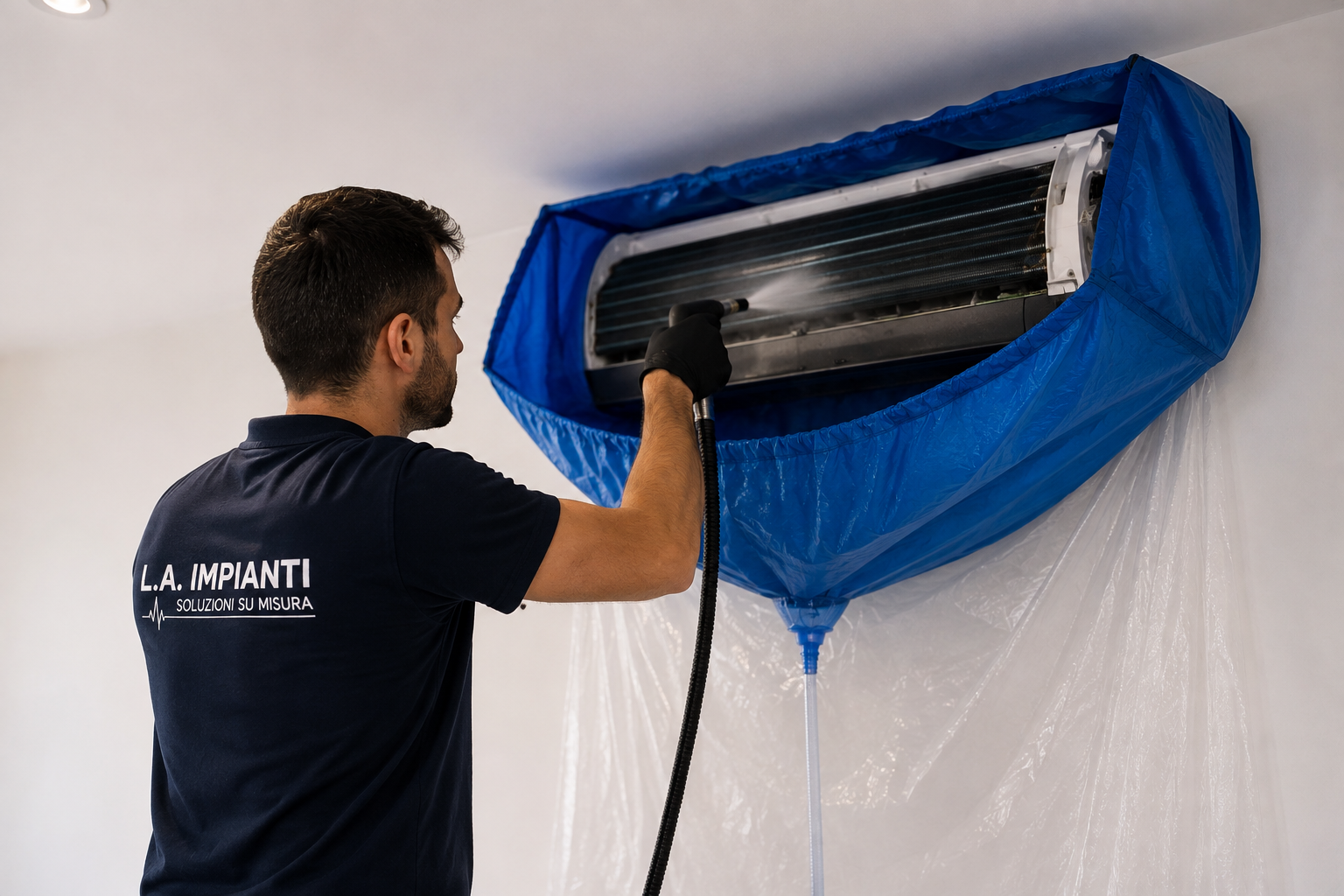Tecnico L.A. Impianti durante la pulizia e sanificazione professionale di un climatizzatore
